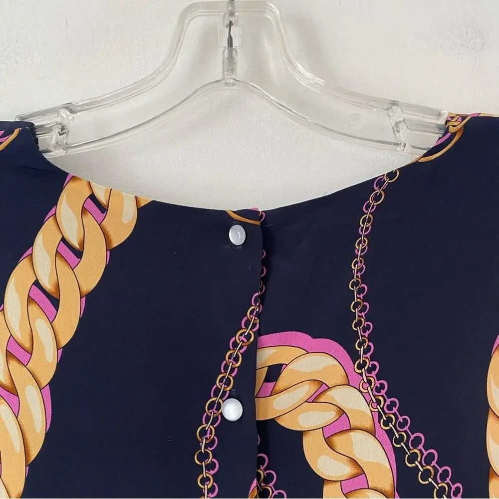 Tyler Boe NWTs Navy Blue Silk Chain Print Blouse size small
